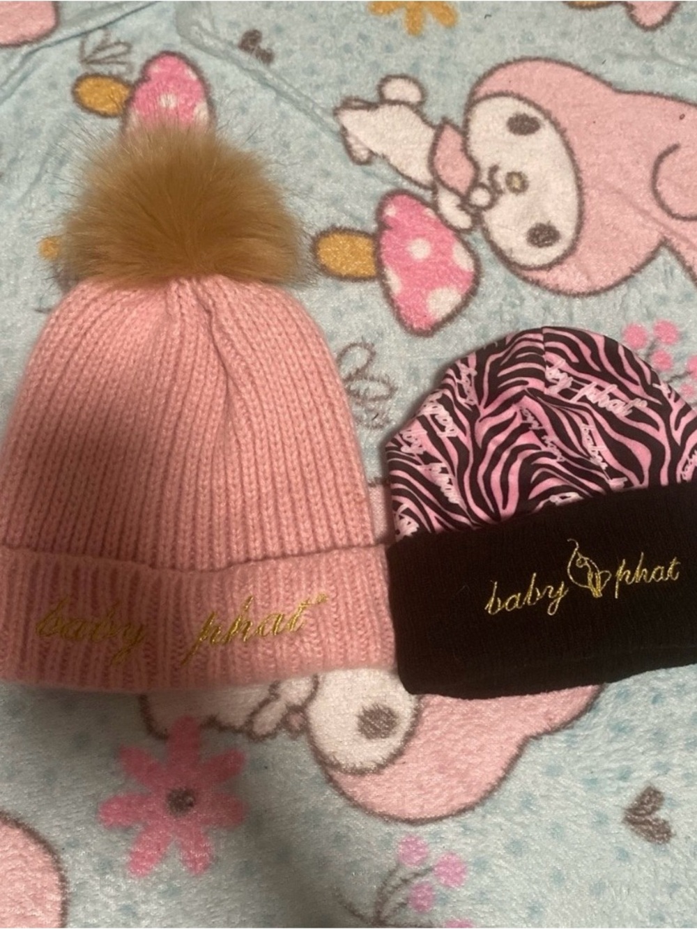 Baby Phat Pink Knit Pom Beanie & Pink Zebra Cuff Hat Set
